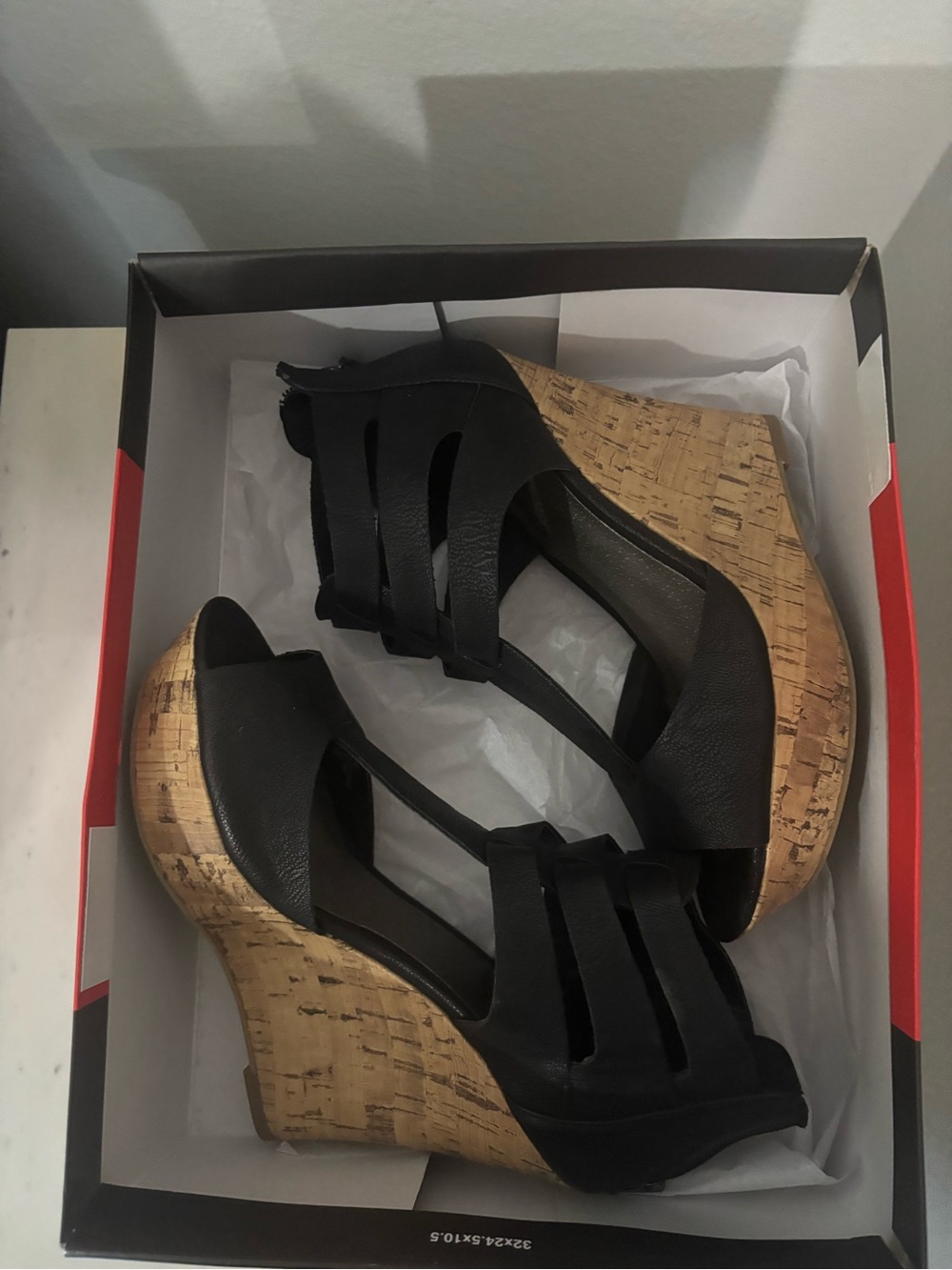 GUESS Black Leather Strappy Cork Wedge Sandals